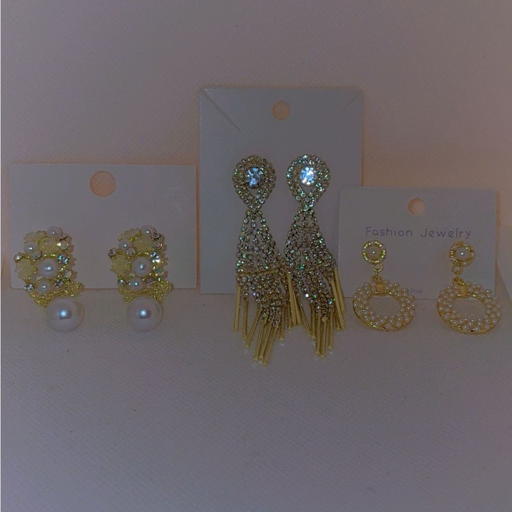 Elegant Gold-Tone Pearl and Crystal Drop Earrings Set - Fashion Jewelry